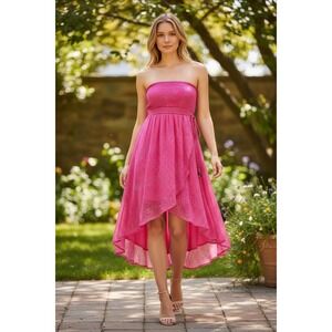 Roxy Pink Abstract Print Smocked Strapless High Low‎ Dress Size L